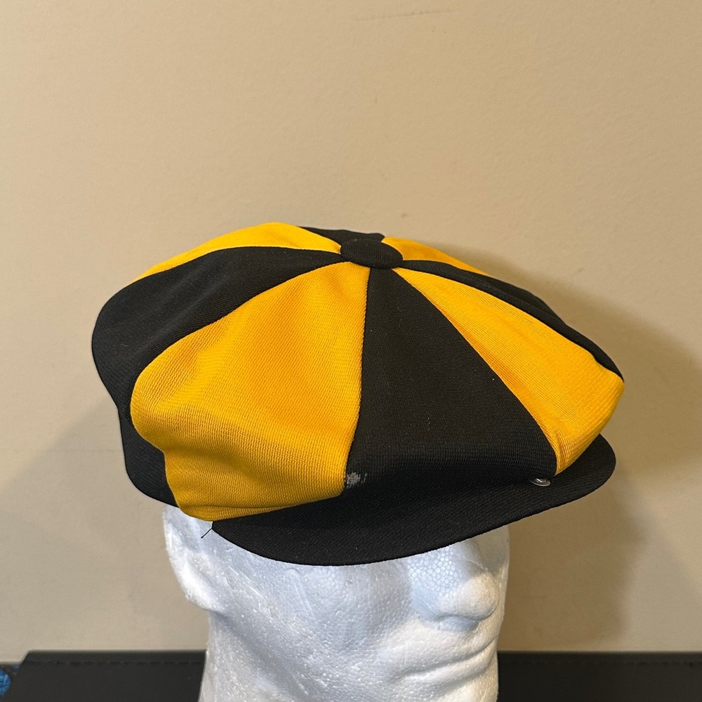 Vintage Doub L Knit Stevens Caps Newsboy Hat Black Yellow Paneled XL Flat Cap